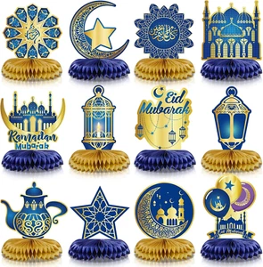 12 Pcs Ramadan Mubarak Decorations Eid Mubarak Honeycomb Centerpieces Decor Blue - Picture 1 of 12