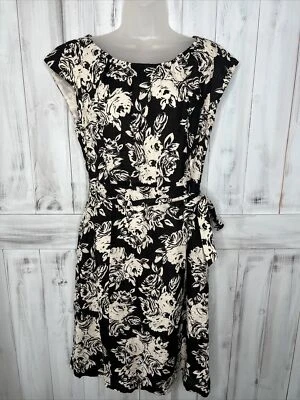 NEW LANDS END BLACK WHITE TROPICAL FLORAL 100% LINEN BELTED LINED SHIFT DRESS 10 - Image 1 of 4