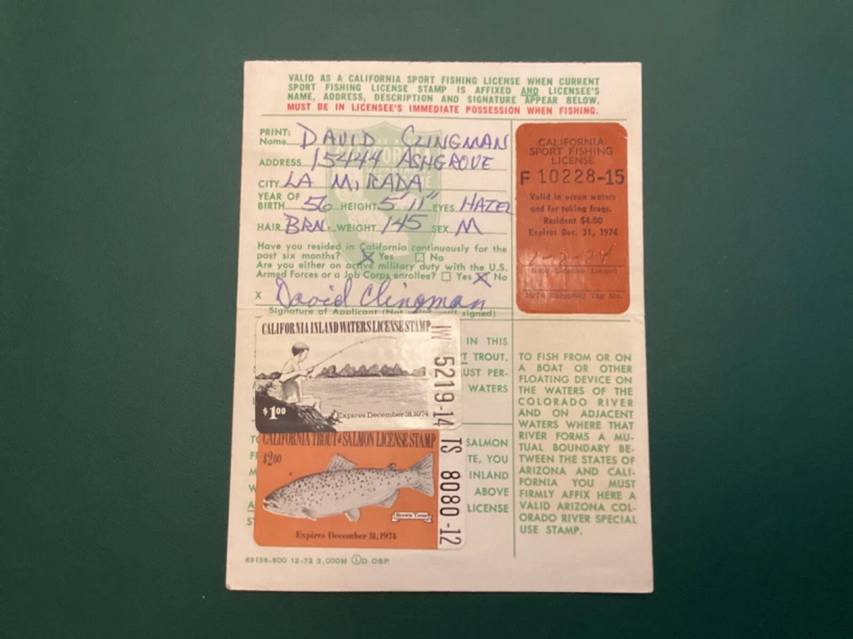 ICOLLECTZONE US California 1974 Inland and Trout Fishing Stamps on License - Image 1 of 1