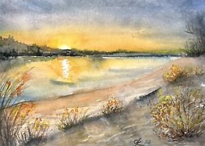 Autumn sunset on the river Original Watercolor PaintingA4 Semi Abstract