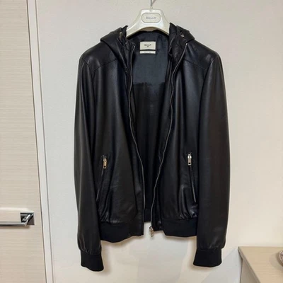 BALLY Black Leather Hooded Jacket Zip Pockets Casual Style - Image 1 of 4