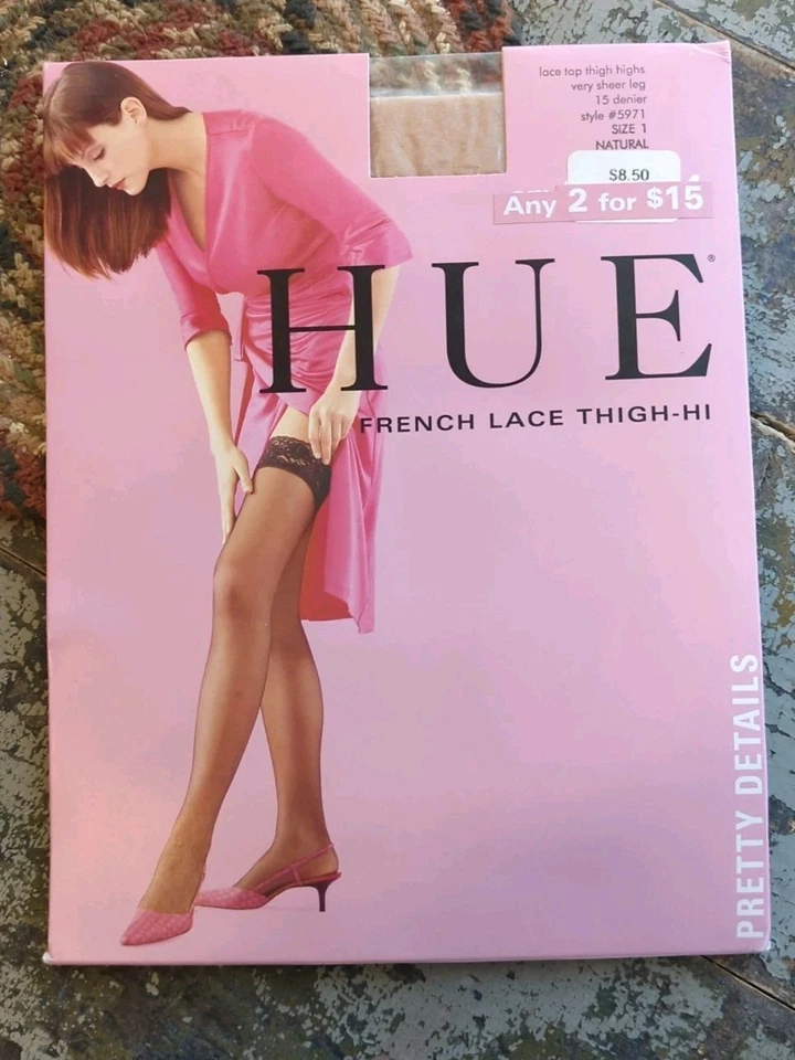 New HUE Womens French Lace Thigh High Stockings Very Sheer Leg Size 1 Natural  - Image 1 of 4