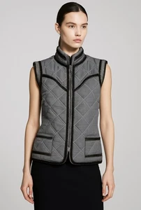 Juliette Longuet Quilted Metallic Trim Vest Gray Sleeveless Jacket Designer S/M - Picture 1 of 18