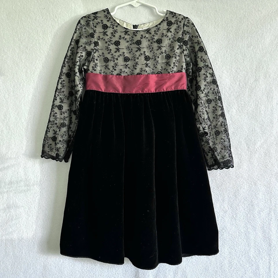 复古 Gymboree Little Girl's 连衣裙黑色天鹅绒花边圣诞假期 5 码 — 第 1/4 张图片