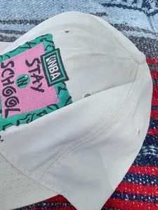 Vintage 90s NBA Stay In School White Purple Snapback Hat Baseball Cap Starter - Picture 1 of 6