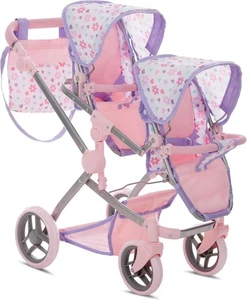 Cochecito Doble Muñeca Bebé, Cochecito Doble Rosa Cochecito Juego de Simulación para Niñas - Imagen 1 de 8