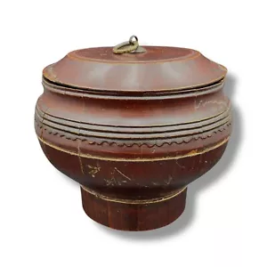 Antique Chinese Rice Bowl With Lid 19th Century Brown Wood 7" x 9" - Picture 1 of 12
