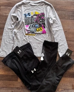 NWT Under Armour Boys 7 Black/Gray FOOTBALL Long Sleeve Pants Set Size 7 - Picture 1 of 3