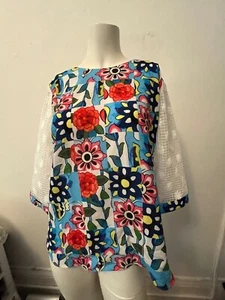 Boutique floral red blue yellow burst 70s theme pattern short sleeve tunic M - Picture 1 of 6