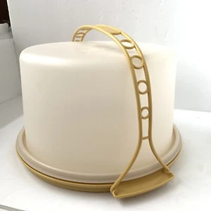TUPPERWARE Harvest Gold Cake Carrier Holder Handle 624-28 Lid 684-1 Base 683-8 - Picture 1 of 13