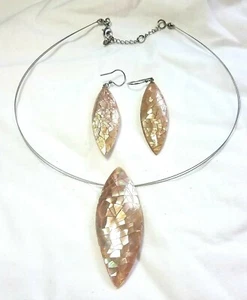 VTG STAMPED CULTURE MIX EARRING NECKLACE SET ABALONE SHELL ELONGATED OVAL SHAPED - Picture 1 of 11