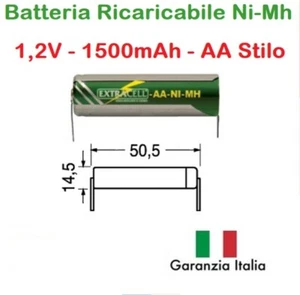 Batteria Ricaricabile NI-MH Stilo AA 1,2V 1500mAh 50,5x14,5mm a saldare - Foto 1 di 1