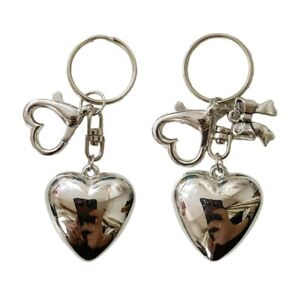 Sweet Bowknot Big Heart Pendant Keyring Silver Color Charm Keychain Decoration