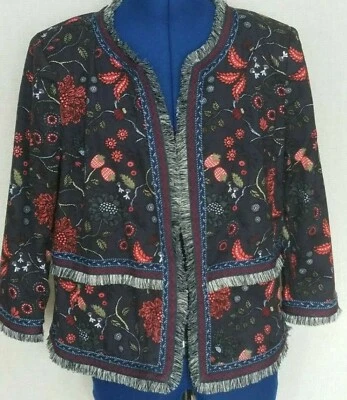 Jaqueta Blazer LOFT Feminina Tamanho 10 Primavera Morango Floral Franja Frente Aberta  - Imagem 1 de 4