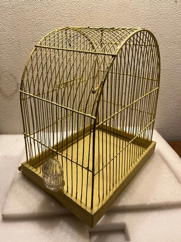 Vtg. PACIFIC Mid-Century Ornate Art-Deco Parakeet Bird Wire Cage House w Waterer Cover