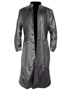 Mens Real Black and Brown COW Leather Long Matrix Goth Trench Coat Gothic - Picture 1 of 17
