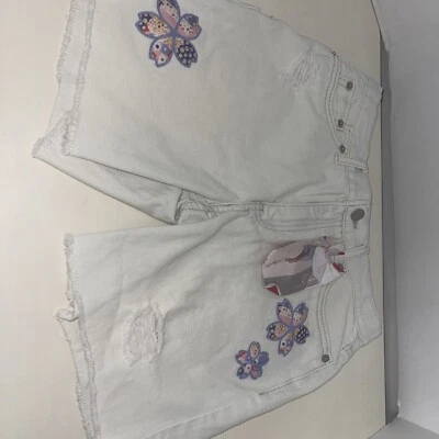 LEVI'S NIÑAS PANTALONES CORTOS MIDI TONO BAJO DENIM DESGASTADO FLORAL BLANCO ROTO TALLA 14 REGULAR Foto 1 de 4