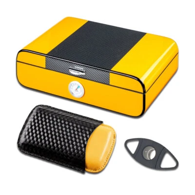 Humidor Hochglanz | Zigarrenetui Leder | Carbon Schwarz Gelb | Zigarren Schrank - Bild 1 von 2