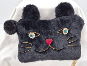 Black Faux Fur & Velvet Kitty Cat Face Crossbody Shoulder Bag W/Gold Chain Strap - Picture 1 of 11