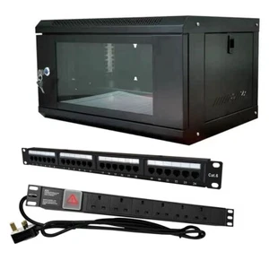 COMPLETE 6U 450MM 19" BLACK NETWORK DATA CABINET+PDU+PATCH PANEL PREBUILT READY - Picture 1 of 15