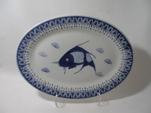 Chinese Vintage Koi Fish Oval Porcelain Serving Platter Blue White 14x10 - Bild 1 von 10