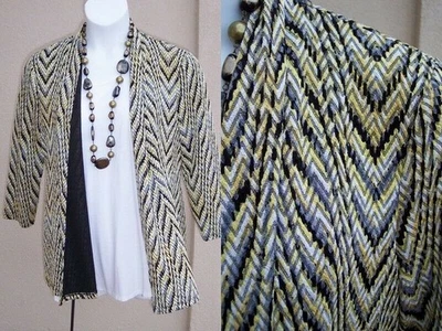Kasper yellow black white gray knit chevron cardigan size L open front jacket - Image 1 of 4