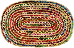 Eco Friendly Jute Recycled Cotton Multi Colour Oval Braided Reversible 90 x 150 - Picture 1 of 1