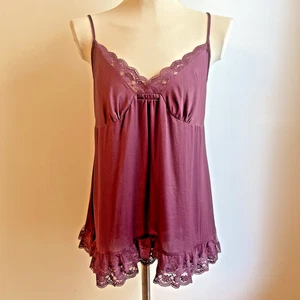 Vintage Y2K Victorias Secret Silk Camisole Top Babydoll Purple Slip Lace Large - Picture 1 of 8