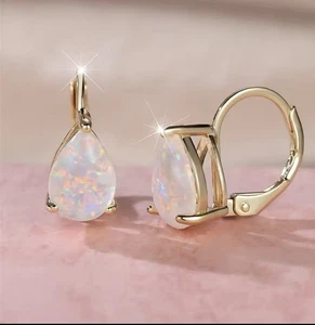 9ct Gold GF Opal  Fire White teardrop  Lever back Earrings Free Box (1172) - Picture 1 of 11
