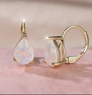 9ct Gold GF Opal  Fire White teardrop  Lever back Earrings Free Box (1172) - Image 1 of 4