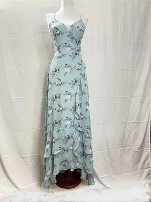 Maxi Vestido LULUS In Love Forever Talla S Verde Púrpura Floral Con Cordones Alto Bajo Foto 1 de 4