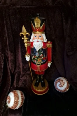 Christmas Red Black Gold Glitter Spinning Nutcracker Holding Golden Staff 19" - Image 1 of 4