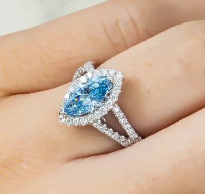 2.00CT Marquise Cut Lab Grown Fancy Vivid Blue Diamond With Accent Ring 14k Gold - Image 1 of 4