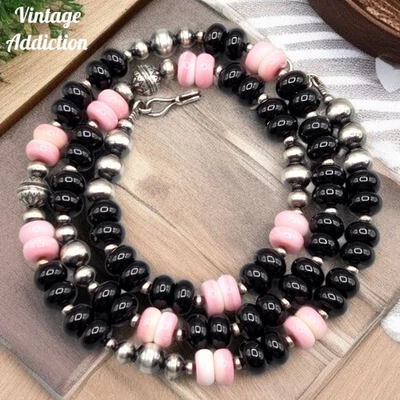 Onyx Königin I Blume gestempelt Navajo Perlenkette Sterling Südwesten Kürbis 23" - Bild 1 von 4