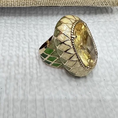 Vintage Big CZ Cocktail Ring Yellow Crystal Enamel Harlequin Mosaic Band Signed - Image 1 of 4