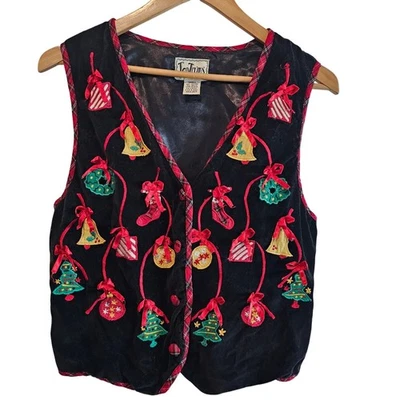 Chaleco de terciopelo navideño vintage para mujer pequeño rojo a cuadros adornos preppy lazos de abuela Foto 1 de 4