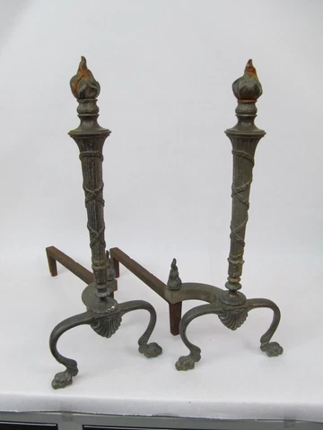 Antique Brass Torch Flame Top Andirons Fire Dogs Salvage Cover