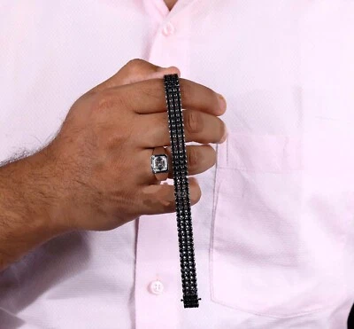 Unique Men's 3-Row Bracelet 15.0Ct Simulated Black Diamond Real Sterling Silver - Image 1 of 4