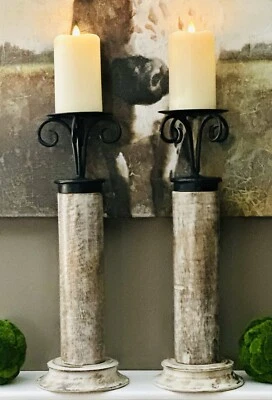Pair of Large Weathered Wood/Iron Farmhouse/Rustic Pillar Candle Holders 17" - Image 1 of 4