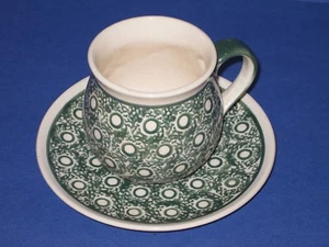 Bunzlau Pfauenauge Kaffeetasse Teetasse mit Unterteller Untertasse grün - Bild 1 von 3