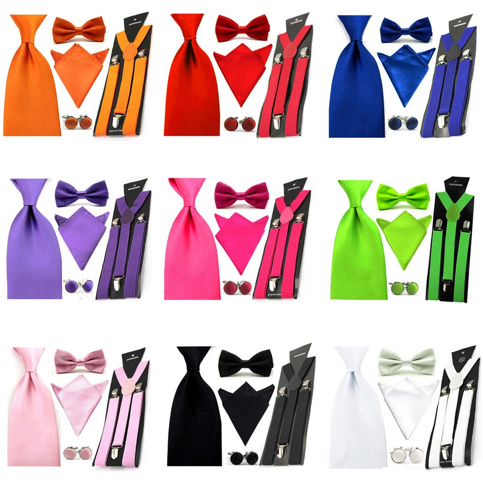 Men Satin Bowtie 8cm Necktie Pocket Square Hanky Elastic Suspender Cufflinks Set - Image 1 of 1