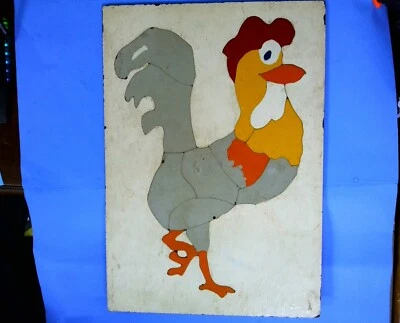 Handmade folk art 1940 or 50s children's cartoon Rooster wooden jigsaw puzzle - Image 1 of 3