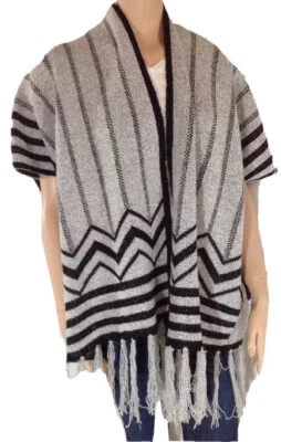 YA LOS ANGELES Black Grey  Fringed Boxy Cape Poncho Shawl One Size Fits Most - Image 1 of 4