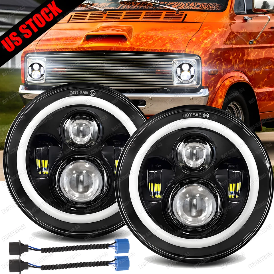 Nuevo ajuste para Dodge B100 B200 B300 1971-1978 furgoneta par 7" faros LED redondos halo Foto 1 de 4