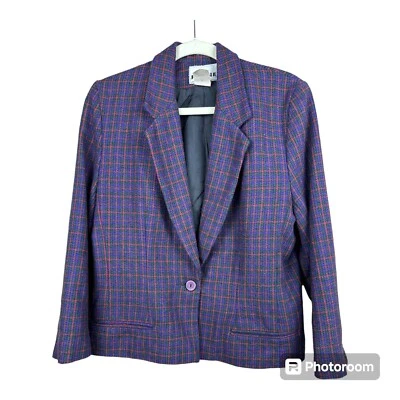 VTG Joan Leslie Blazer 8 Purple Plaid Wool Office Career Business Casual Remote - Image 1 of 4