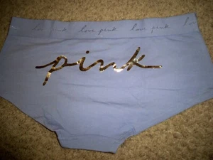 VICTORIAS SECRET BOYSHORT PINK SCRIPT LOGO BLUE  LARGE  NEW - Picture 1 of 3