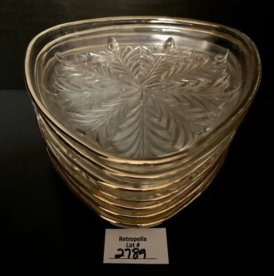 7 Jeannette Glass Plates FEATHER Gold Trim Candy Nut Dishes Vintage - Image 1 of 4