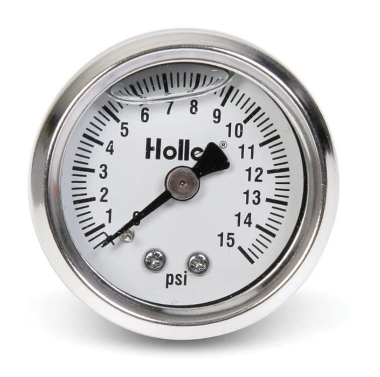 Holley 26-504 Analog 15psi Chrome Fuel Pressure Gauge Liquid 1-1/2" Diameter - Image 1 of 1