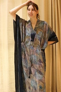 Crepe Silk Kaftan Gray-Blue Robe Dress Long Woman Gown Maxi Tunic PS KFN2972 - Picture 1 of 10