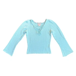 Vintage Guess Y2K Lace Up Henley Top Fairy 2000s Long Sleeve Light Blue Hippie - Picture 1 of 10